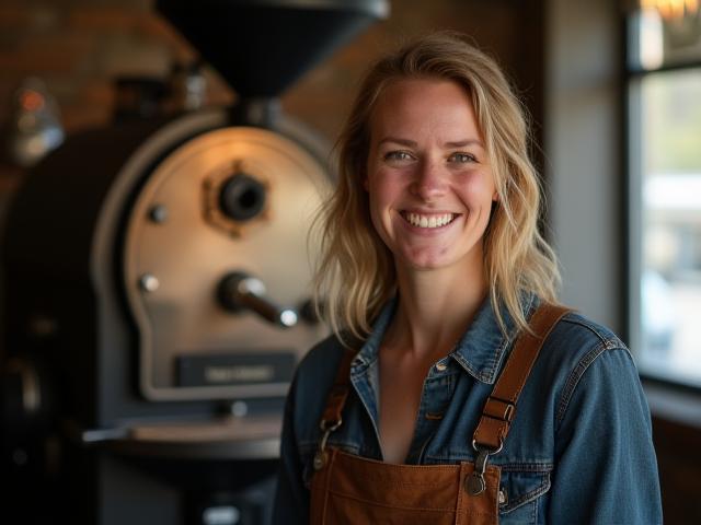 Head roaster Emily Clarke smiling with roasting equipment