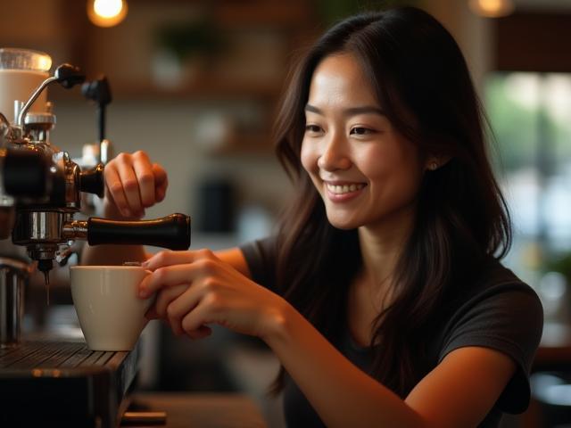 Lead barista Sarah Nguyen pulling espresso shot