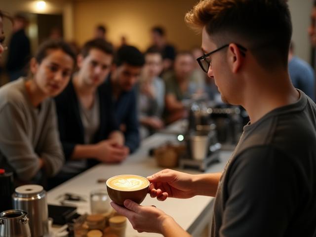 Barista training workshop with instructor demonstrating latte art to students