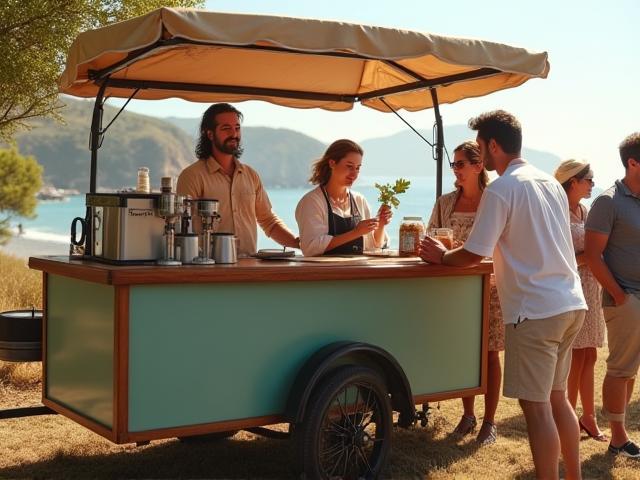 Mobile coffee cart setup at a sunny outdoor event for catering services