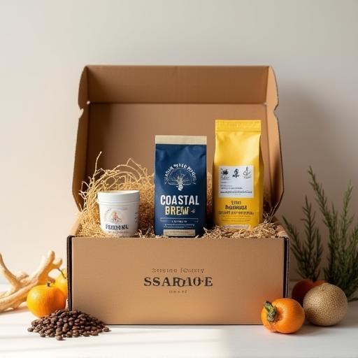 Coffee subscription delivery box with freshly roasted beans and branded packaging