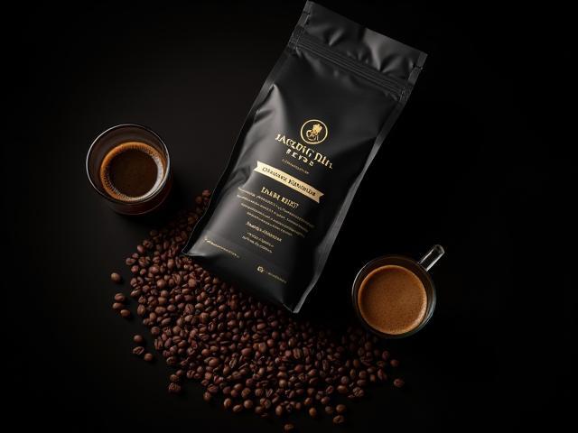 Dark Roast Pacific Depths bag with espresso shot and roasted beans