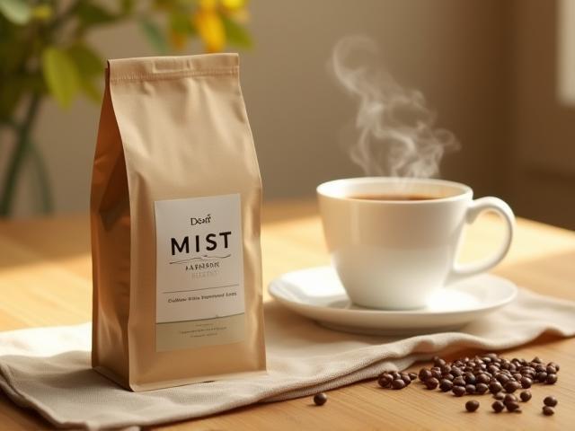 Decaf Mist Harbor package with coffee cup and light steam