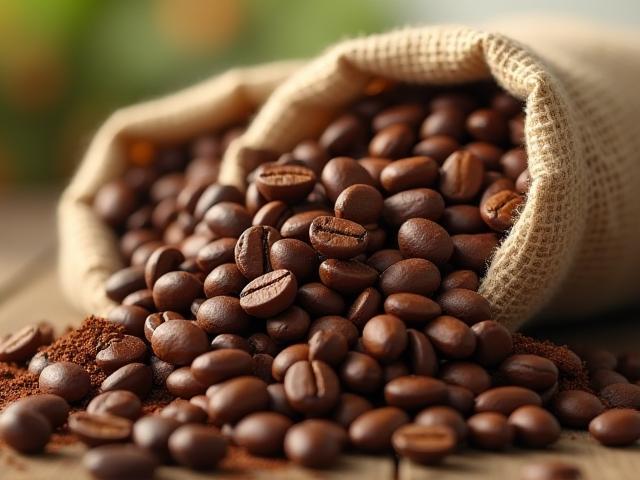 Light Roast Summit Blend coffee beans in burlap sack with fresh ground coffee