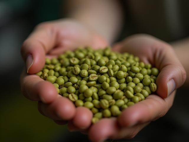 Raw green coffee beans being inspected for quality