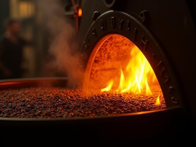 Traditional drum coffee roaster in action with flames visible