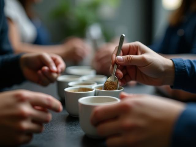 Baristas cupping coffee to evaluate aroma and flavour profiles
